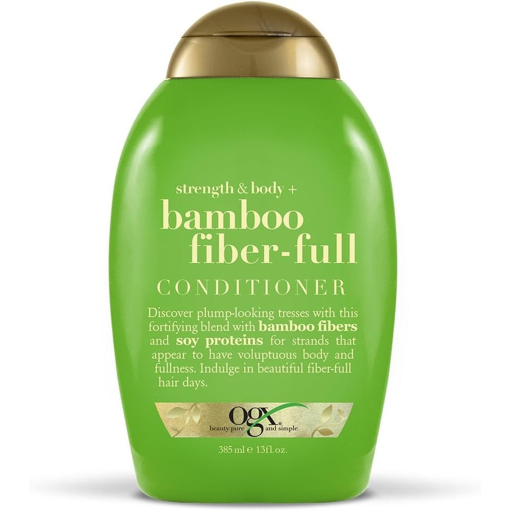 OGX Strength and Body Plus Bamboo Fiber Full Conditioner front view green bottle with gold cap