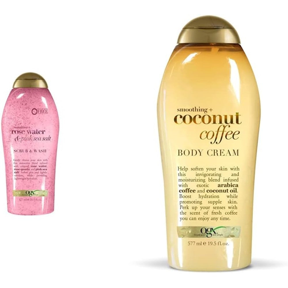 OGX Smoothing Coconut Coffee And Rosewater Pink Sea Salt Body Scrub And Wash Bundle, 19.5 Ounce Pack of 2