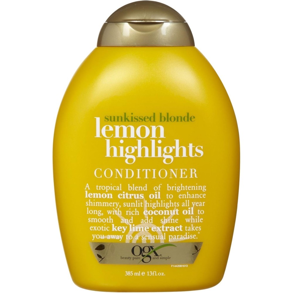 OGX Sunkissed Blonde Lemon Highlights Conditioner 13 Ounce front view showing brightening formula packaging.