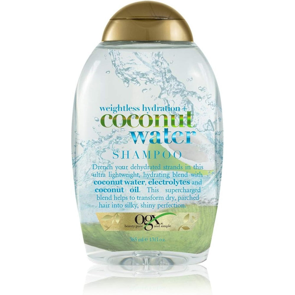 OGX Weightless Hydration plus Coconut Water Shampoo 385ml front bottle view for lightweight hair moisturizing.