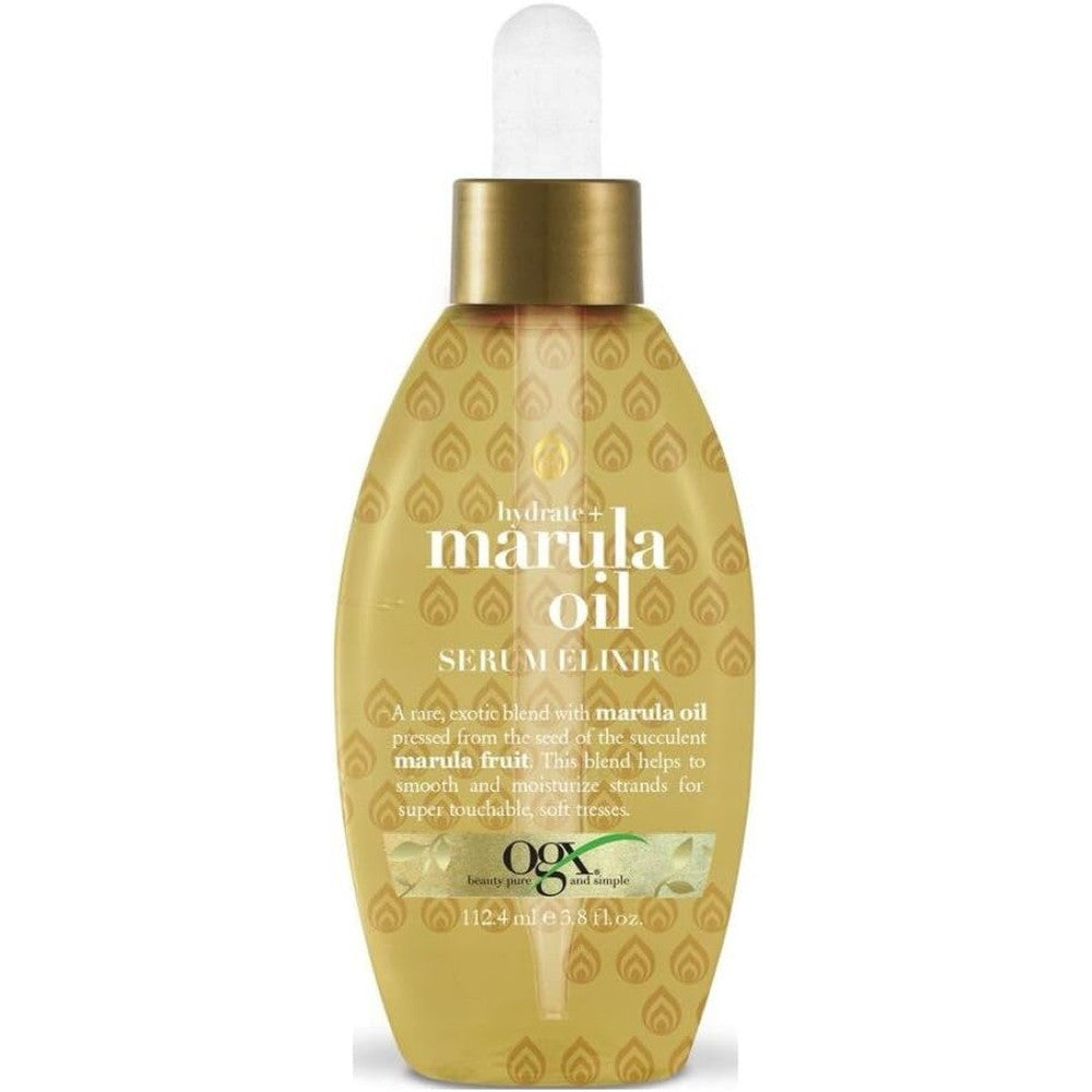 OGX Hydrate and Marula Oil Serum Elixir front view showing dropper bottles for hair smoothing.