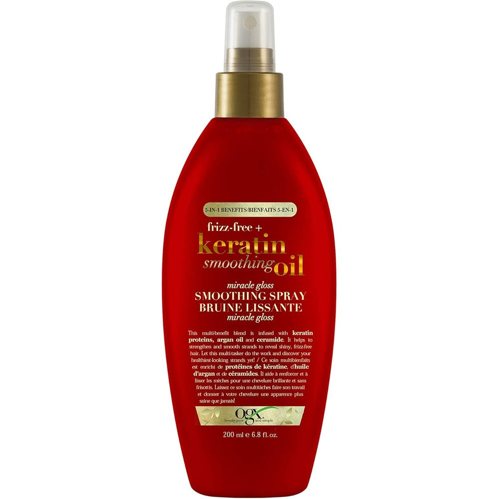 OGX Frizz-Free Keratin Smoothing Oil Miracle Gloss Spray front view authentic USA import
