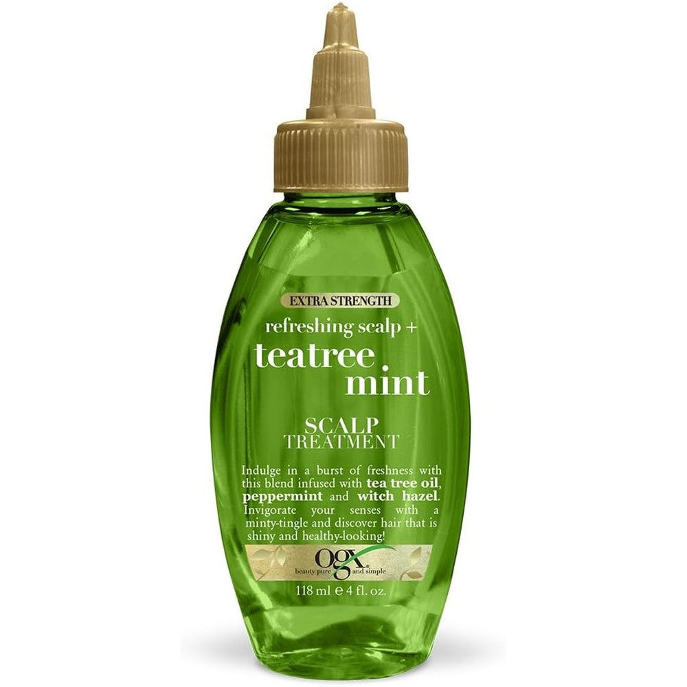 OGX Extra Strength Teatree Mint Scalp Treatment front view bottle for dry scalp relief