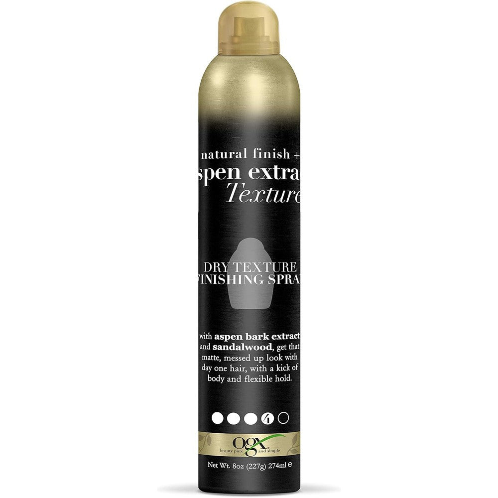 OGX Natural Finish Aspen Extract Dry Texture Hair Spray eight ounce front view bottle showcasing branding