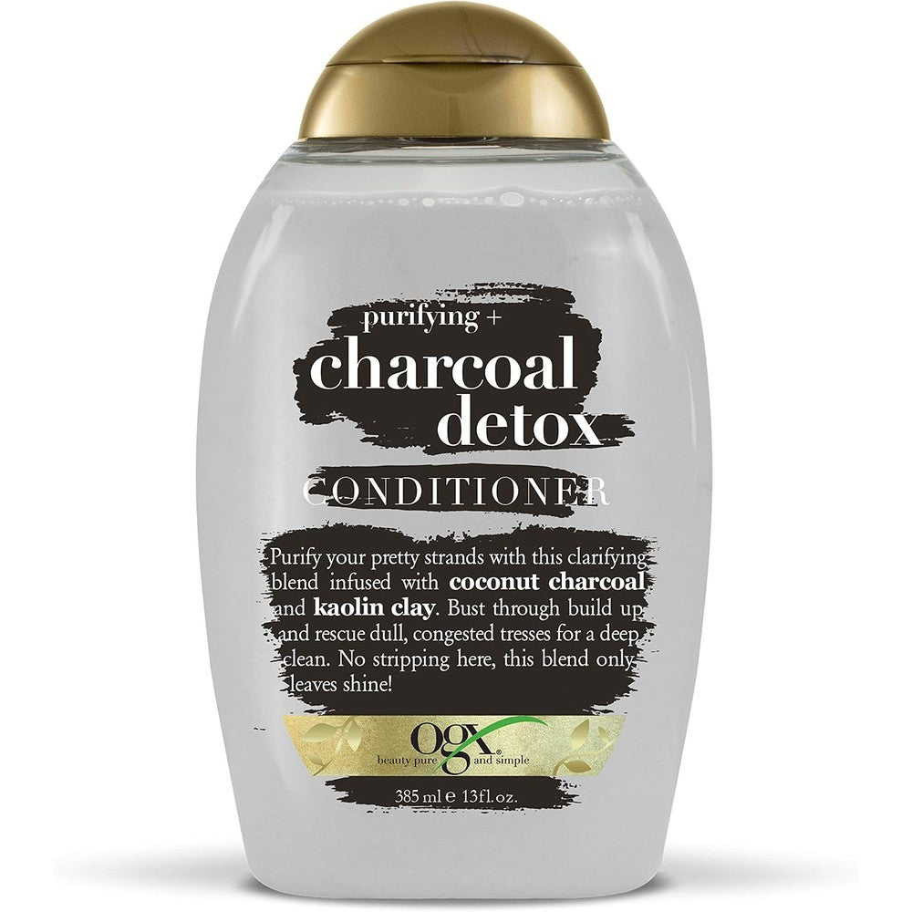 OGX Purifying and Charcoal Detox Conditioner front view bottle for oily hair care.