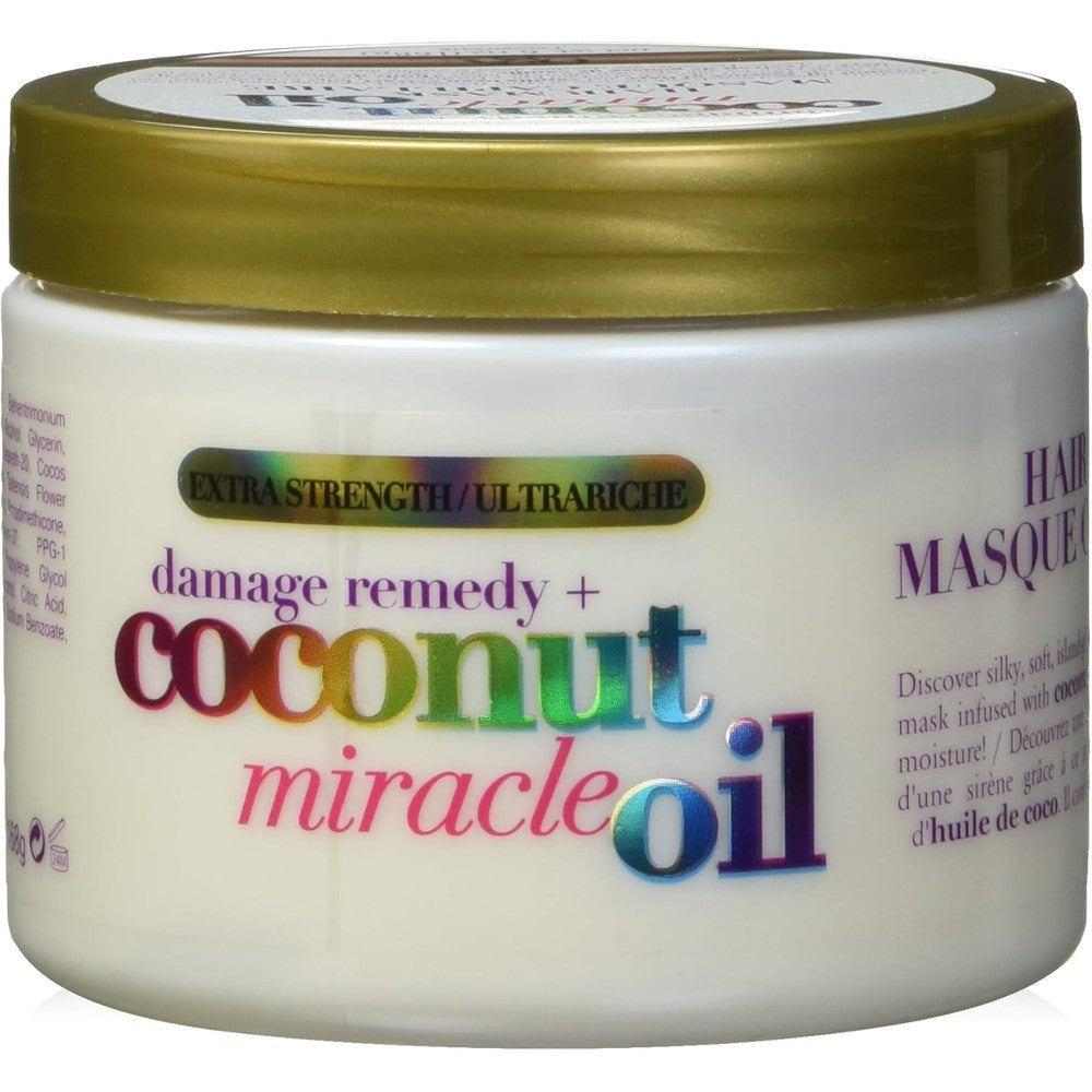OGX Coconut Miracle Oil Hair Mask front view of 168 grams white jar with gold lid