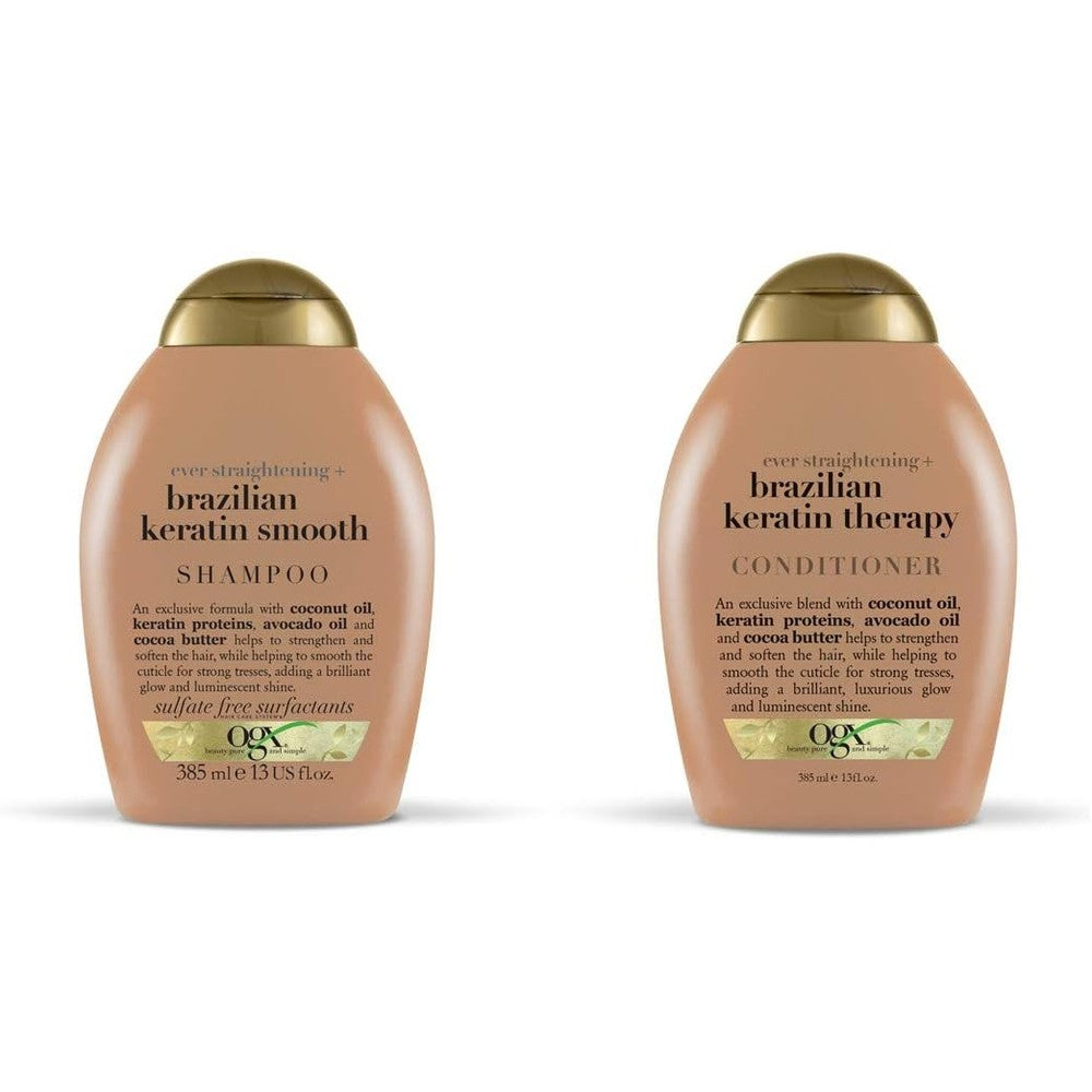 OGX Brazilian Keratin Therapy shampoo and conditioner set front view for frizz control
