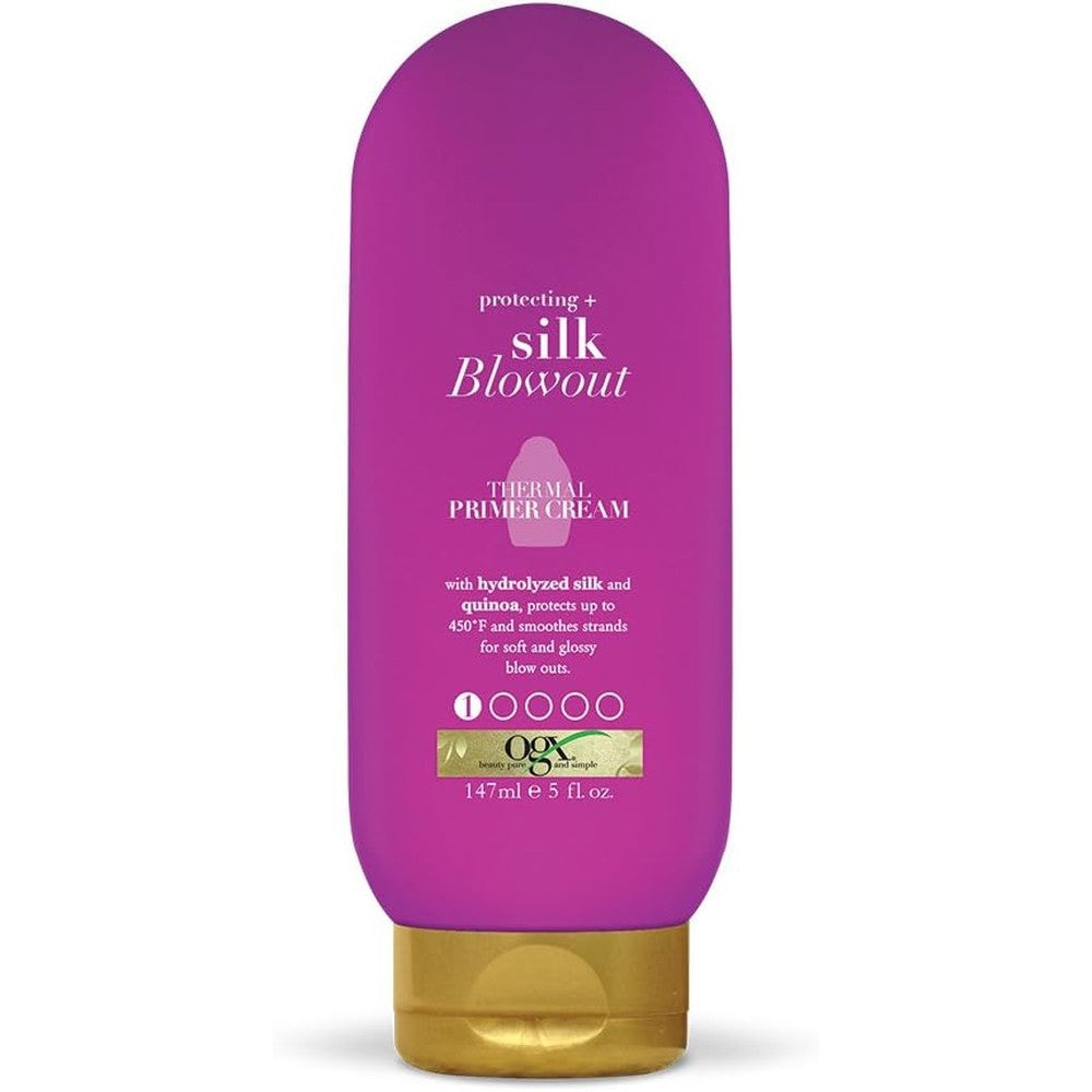OGX Protecting and Silk Blowout Thermal Primer Cream 5 Ounce front view bottle for salon quality heat protection.