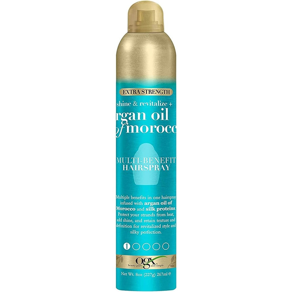 OGX Revitalize Argan Shine Heat Protection Hairspray front view bottle for thermal defense.