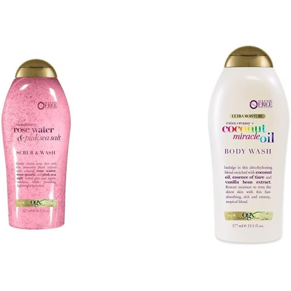 OGX Extra Creamy Coconut Miracle Oil Ultra Moisture Body Wash And Pink Sea Salt Rosewater Gentle Soothing Body Scrub Two Pack Nineteen Point Five F...