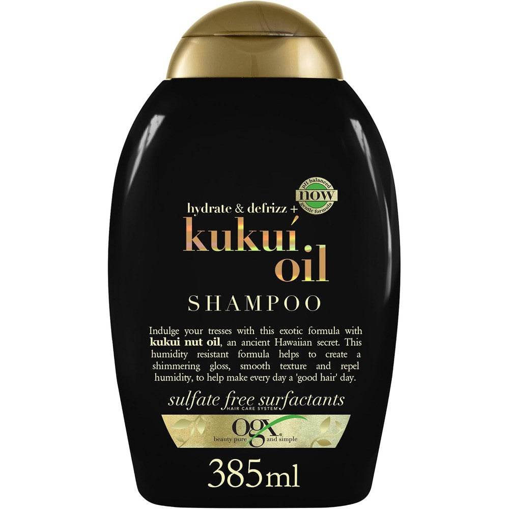 OGX Hydrate Plus Defrizz Kukui Oil Shampoo front bottle view for frizzy hair care