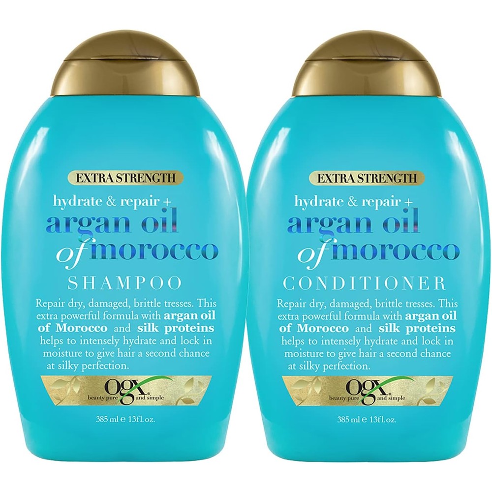OGX Extra Strength Hydrate and Repair Argan Oil of Morocco Shampoo and Conditioner front view for hair repair
