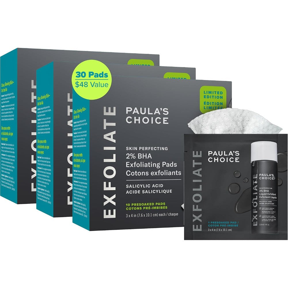 Paula's Choice Skin Perfecting 2% BHA Salicylic Acid Exfoliating Pads front view packaging for pore clearing.