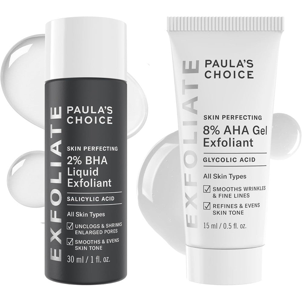 Paula's Choice Skin Perfecting 8% AHA and 2% BHA travel duo set front view.