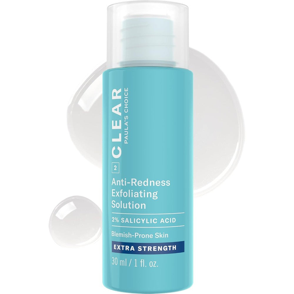 Paula's Choice CLEAR Anti-Redness Exfoliating Solution front view showing travel size bottle for acne treatment