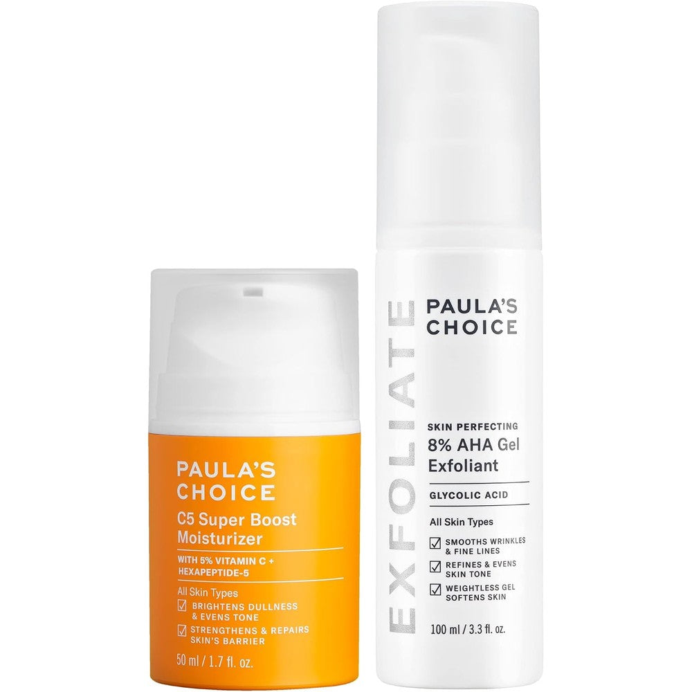 Paula's Choice AHA gel exfoliant and vitamin C moisturizer duo front packaging view for sun damage treatment.