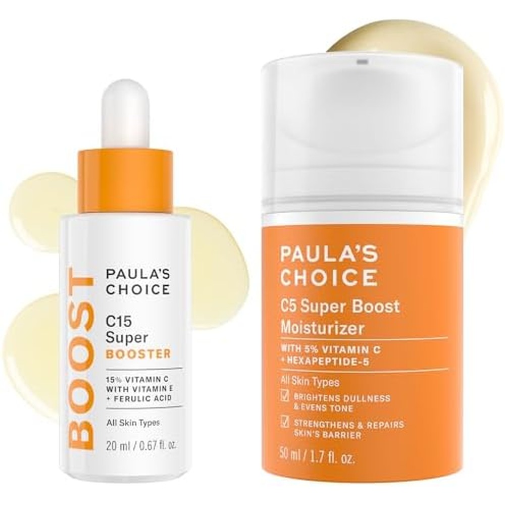 Paula's Choice C15 Super Booster and C5 Moisturizer duo front view showcasing brightening skincare.