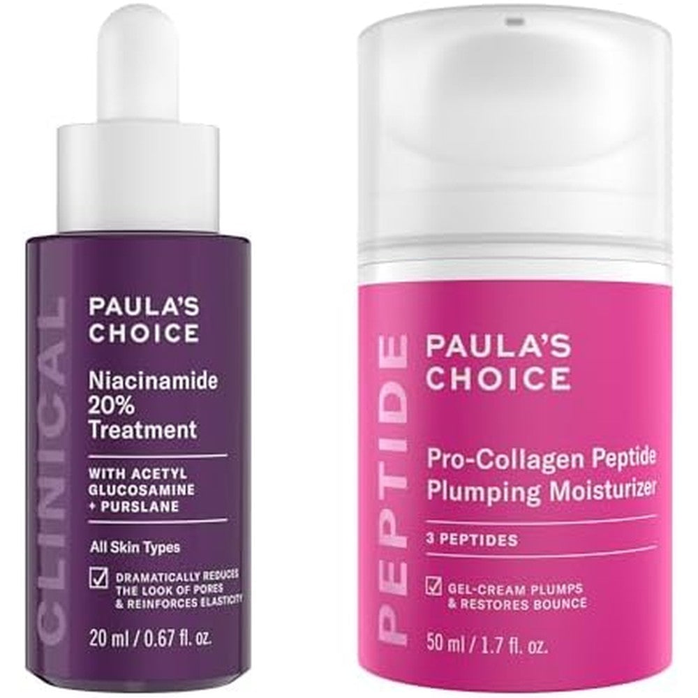 Paula's Choice Pro-Collagen Peptide Moisturizer and Niacinamide Serum set front view for anti-aging skincare.