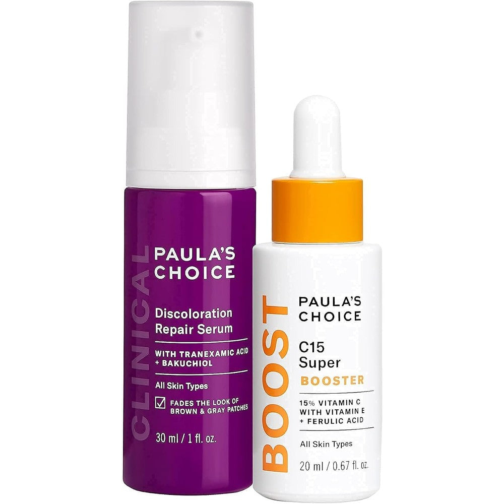 Paula's Choice CLINICAL Discoloration Repair Serum and C15 Booster bottle set front view