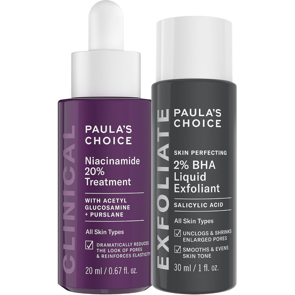 Paula's Choice Clinical Niacinamide Serum and BHA Exfoliant duo set front view for pore tightening