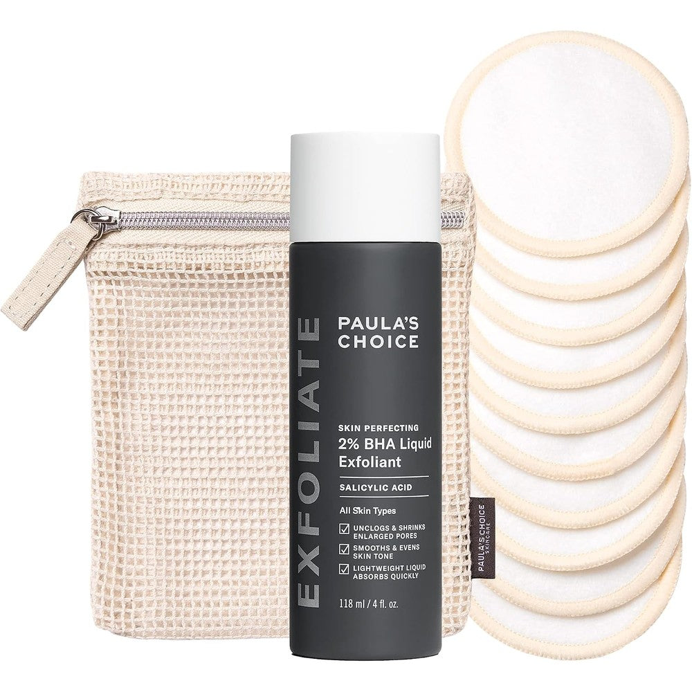 Paula's Choice Skin Perfecting 2% BHA Liquid Exfoliant front view with reusable cotton pads for acne treatment.