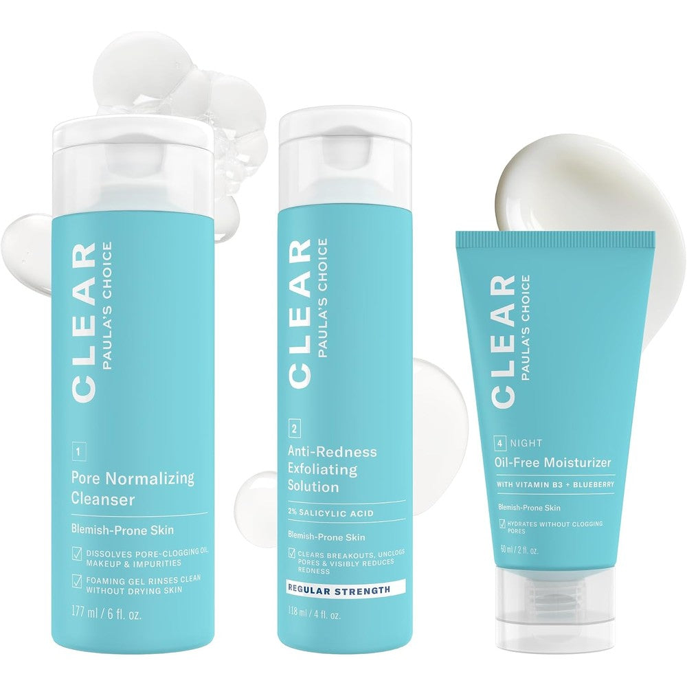 Paula's Choice CLEAR Three Piece Acne Kit front view showing cleanser exfoliant and moisturizer bottles for clear skin.