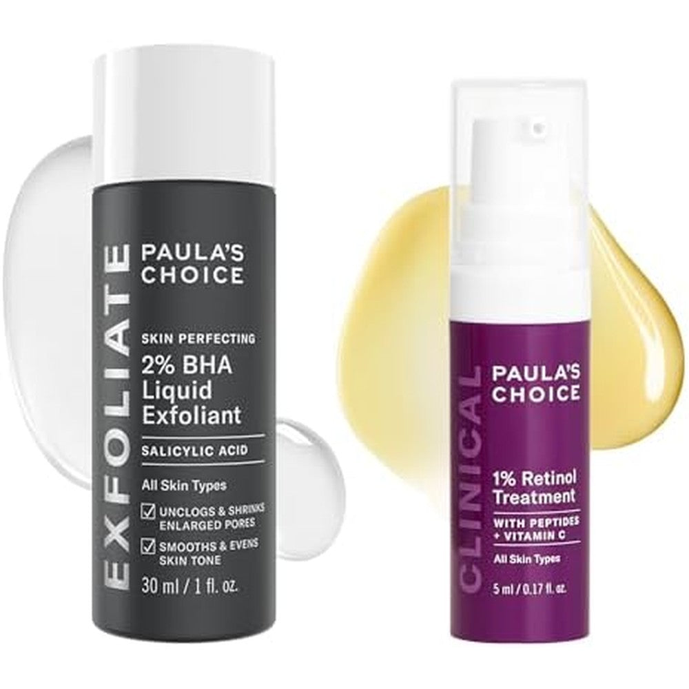 Paula's Choice BHA Liquid Exfoliant and Clinical Retinol travel duo front view showing compact bottles for pore refining