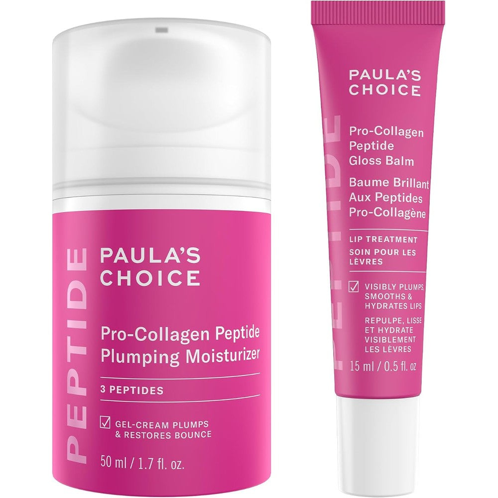 Paula's Choice Pro-Collagen Peptide Plumping Moisturizer and Lip Balm set front view showcasing the packaging.