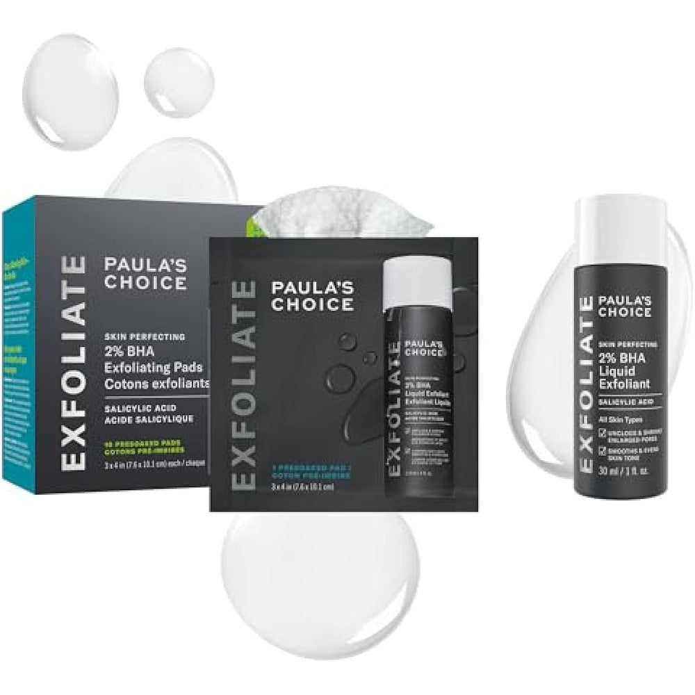Paula's Choice Skin Perfecting 2% BHA travel set front view showing liquid exfoliant bottle and toner pads container for pore minimizing skincare.