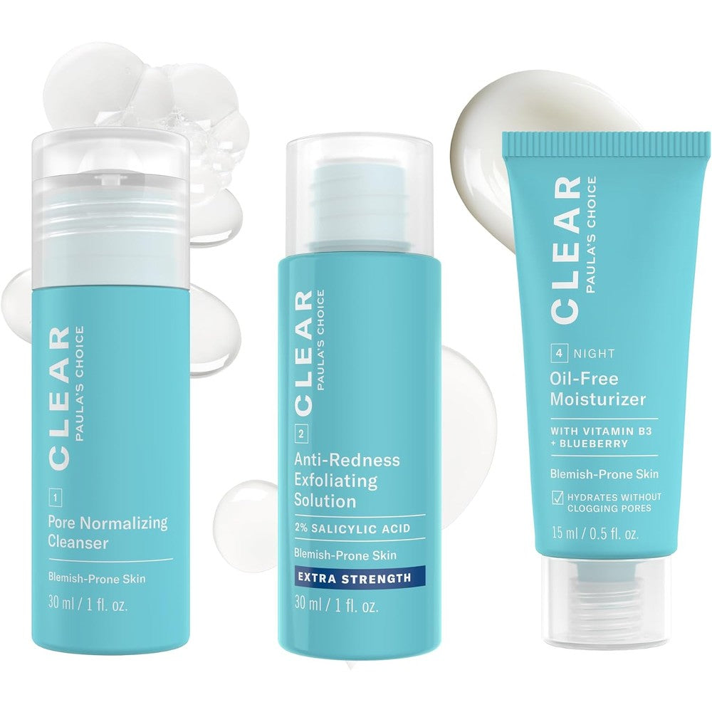 Paula's Choice CLEAR Extra Strength Acne Kit front view showing the travel size cleanser, exfoliant, and moisturizer.