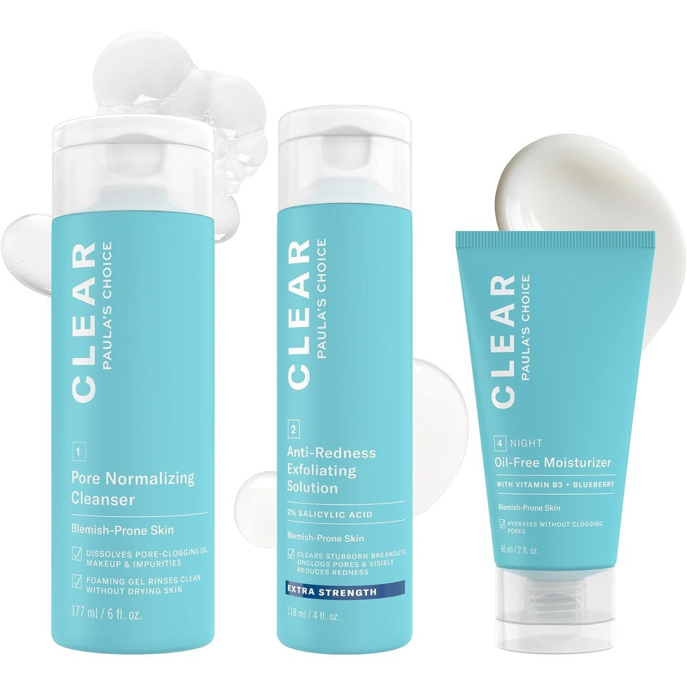 Paulas Choice CLEAR 3 Piece Acne Kit front view showing cleanser exfoliant and moisturizer for acne treatment