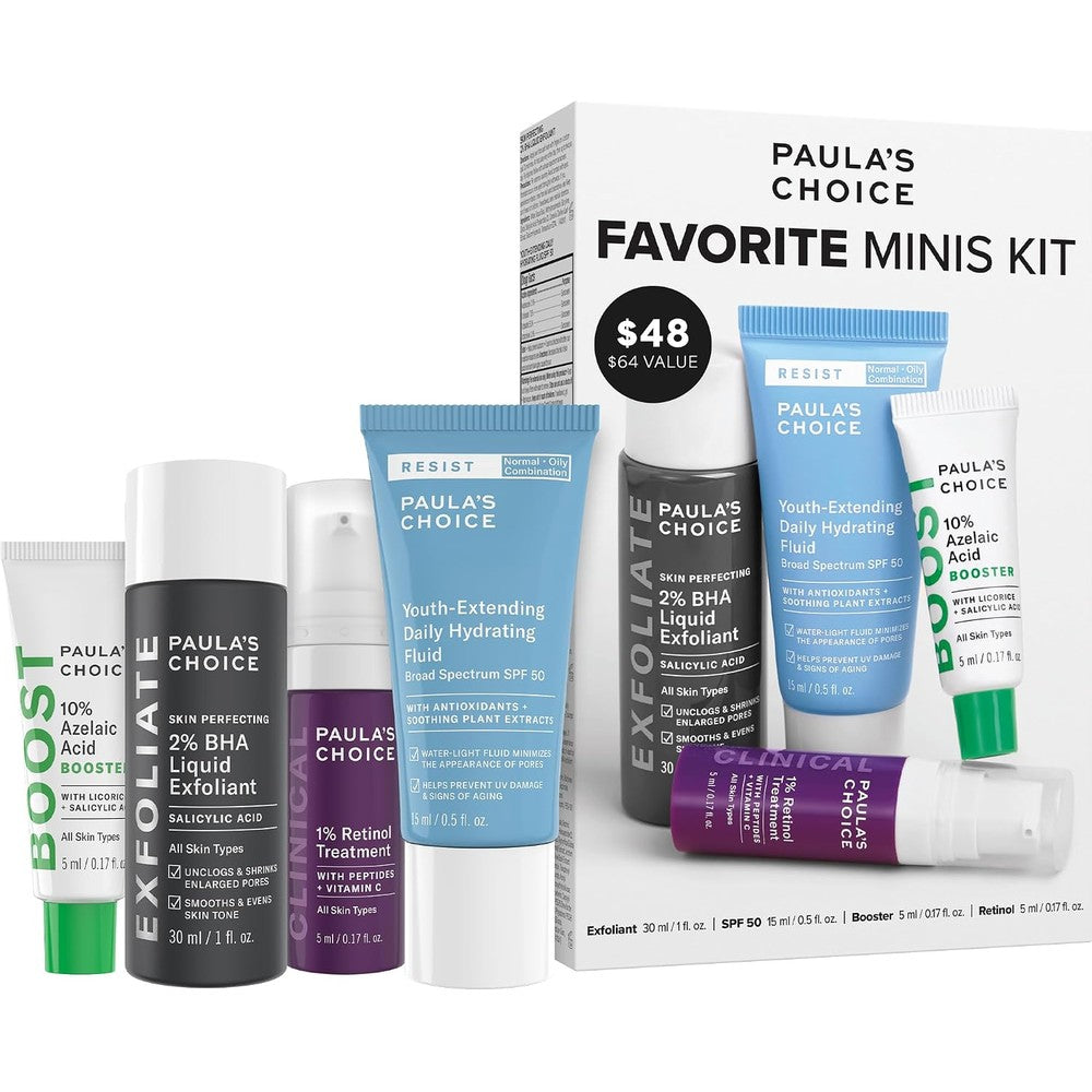 Paula's Choice Favorites Mini Kit four piece skincare set front view for glowing skin.