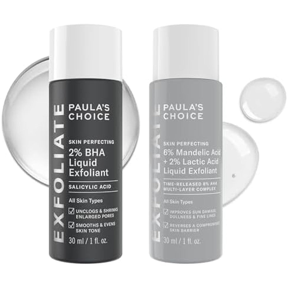 Paula's Choice travel size exfoliant duo front view showing the BHA and AHA bottles for pore clearing.