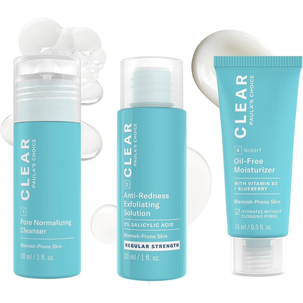 Paula's Choice CLEAR Three Piece Acne Kit front packaging view of travel size routine