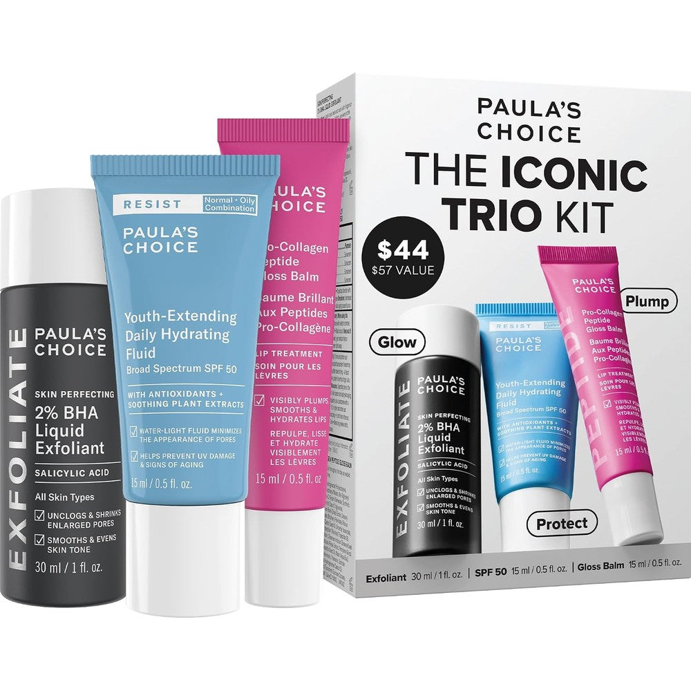 Paula's Choice The Iconic Trio Kit front view showing exfoliant sunscreen and lip balm packaging