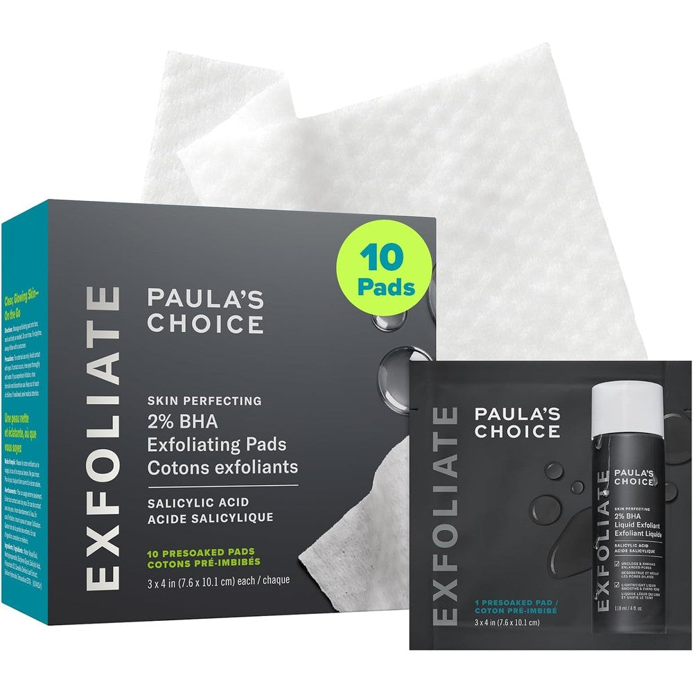 Paula's Choice Skin Perfecting 2% BHA Salicylic Acid Exfoliating Pads front view packaging for facial exfoliation.
