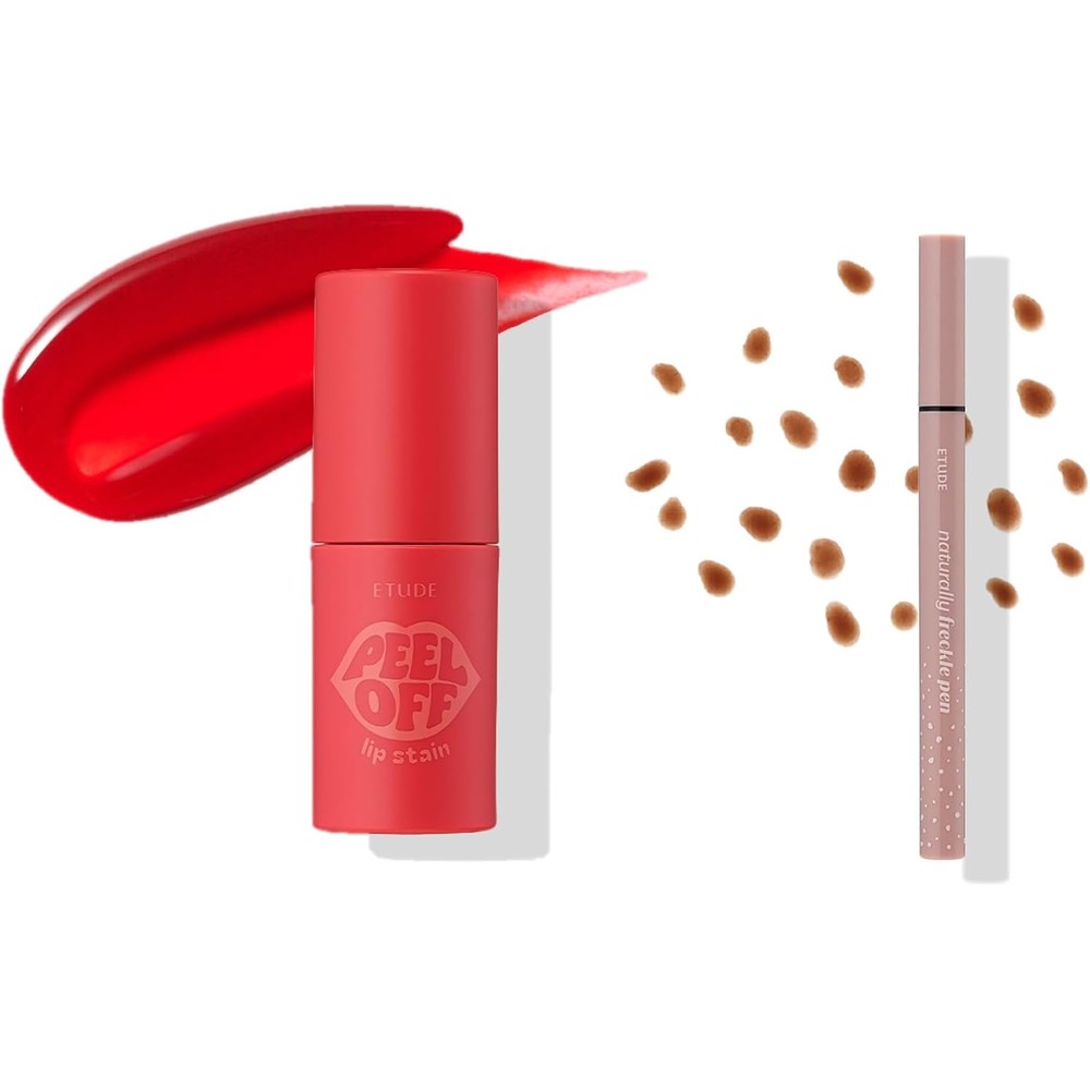 ETUDE Dear Darling Peel Off Lip Stain Cherry Crack front view packaging with freckle pen.