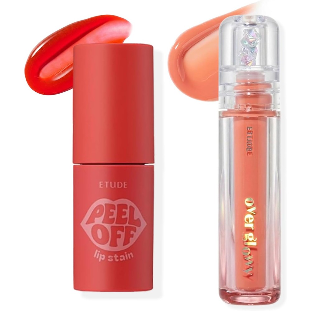 ETUDE Dear Darling Peel Off Lip Stain Dried Rose and Over Glowy Lip Gloss front view packaging