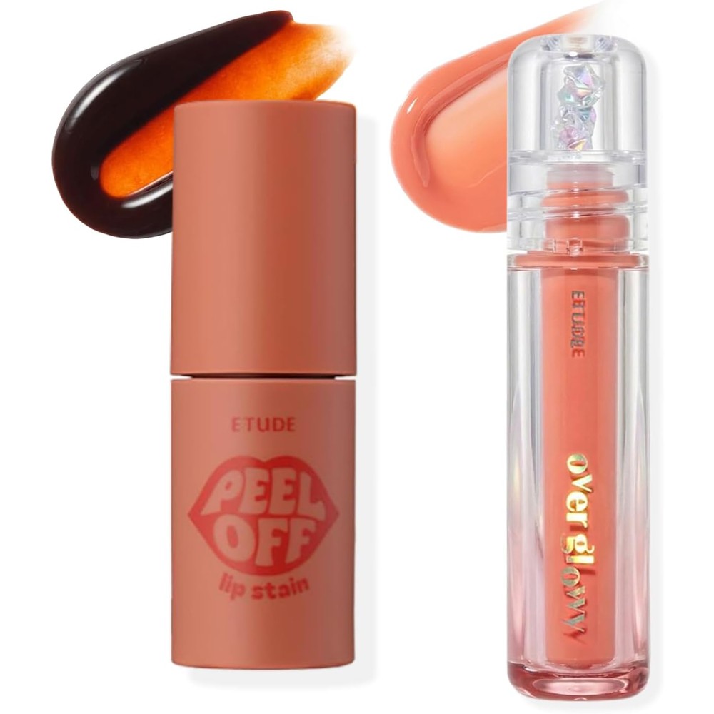 ETUDE Peel Off Lip Stain Cacao Shell and Over Glowy Lip Gloss Peach Sorbet front view package.