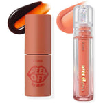 ETUDE Peel Off Lip Stain Cacao Shell and Over Glowy Lip Gloss Peach Sorbet front view package.
