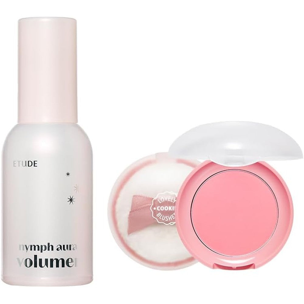 ETUDE Nymph Aura Volumer and Lovely Cookie Blusher set front packaging view showing the glow primer and Grapefruit Jelly pink blush.