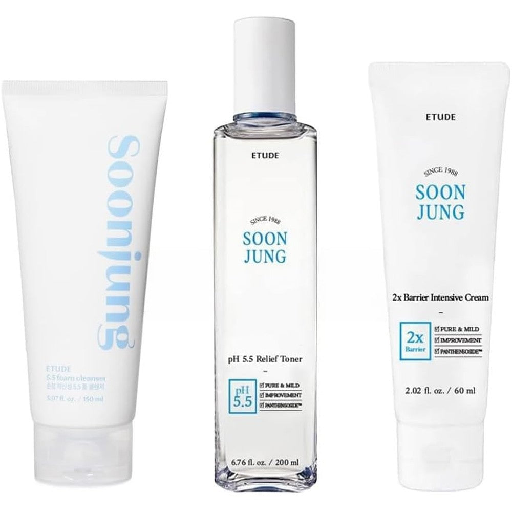 ETUDE SoonJung Sensitive Skin Skincare Trio Pack front view showcasing authentic Korean beauty products.
