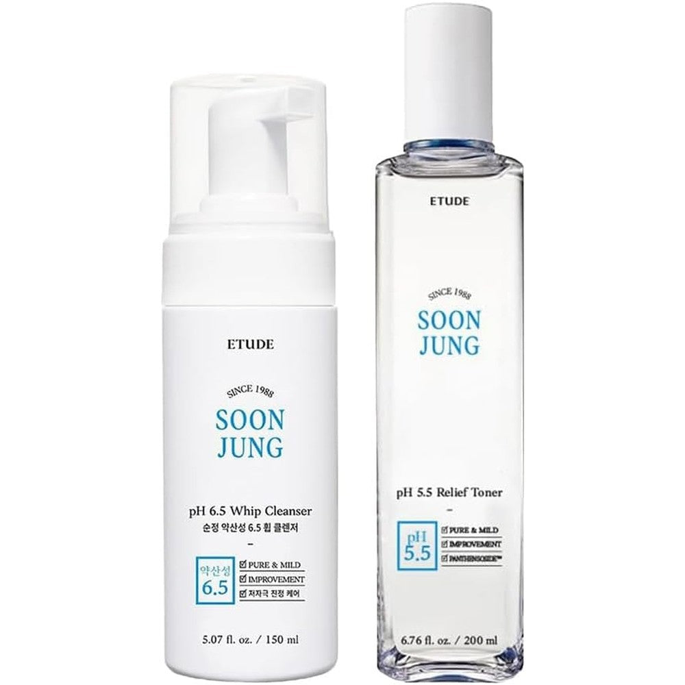 ETUDE Soonjung Whip Cleanser and Relief Toner Set front view authentic imported Korean skincare duo