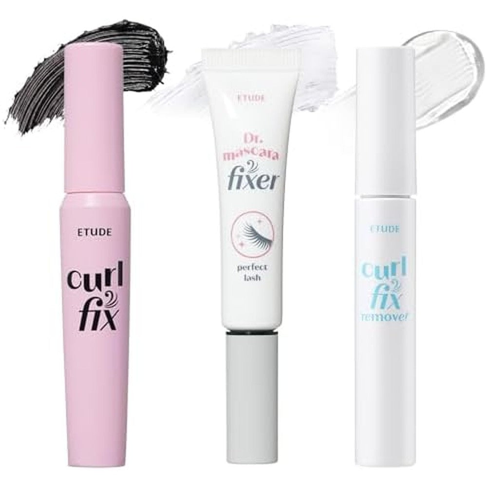 ETUDE Curl Fix Mascara and Dr Mascara Fixer set front view showcasing the complete lash routine packaging.