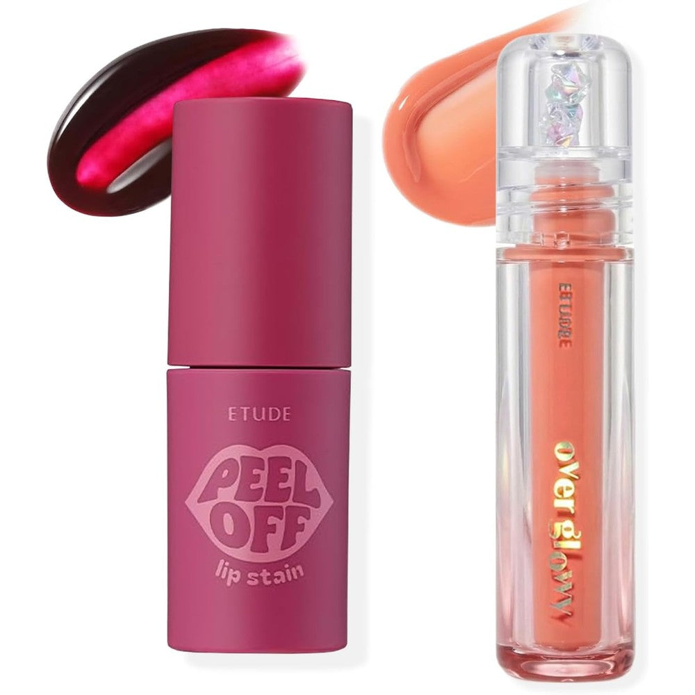 ETUDE Dear Darling Peel Off Lip Stain and Over Glowy Lip Gloss combo set front view.