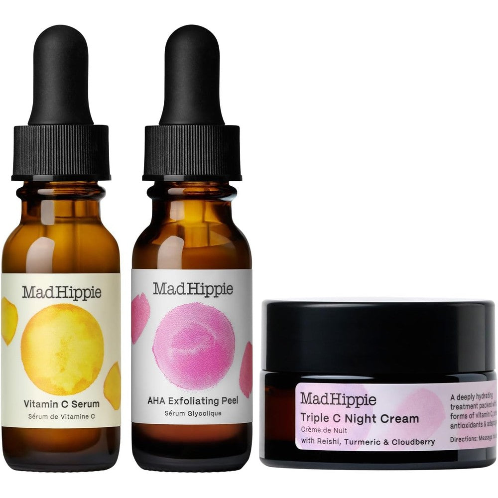Mad Hippie Skin Brightening Kit With Vitamin C Serum AHA Exfoliating Peel And Triple C Night Cream Travel Essentials Set