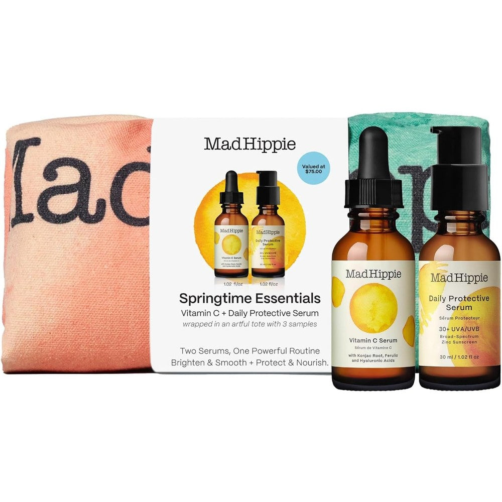 Mad Hippie Springtime Essentials Skincare Kit With Vitamin C Serum And Daily Protective Serum With Watercolor Dots Canvas Tote Bag