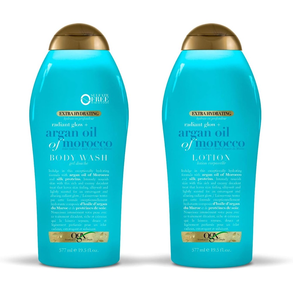 OGX Radiant Glow Argan Oil Of Morocco Extra Hydrating Body Wash And Body Lotion Set For Dry Skin 19.5 Fluid Ounce Each