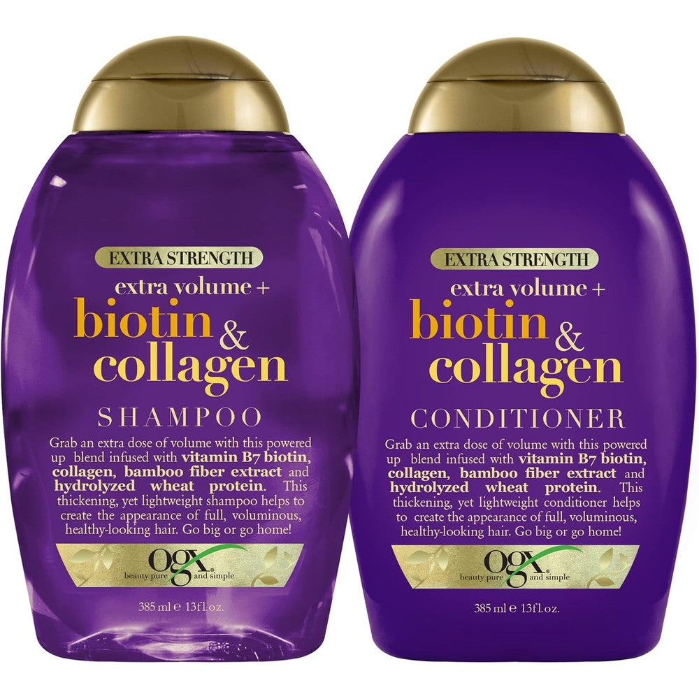 OGX Thick And Full Biotin And Collagen Extra Strength Volumizing Shampoo And Conditioner Set With Vitamin B7 For Fine Hair 13 Fluid Ounce Pack