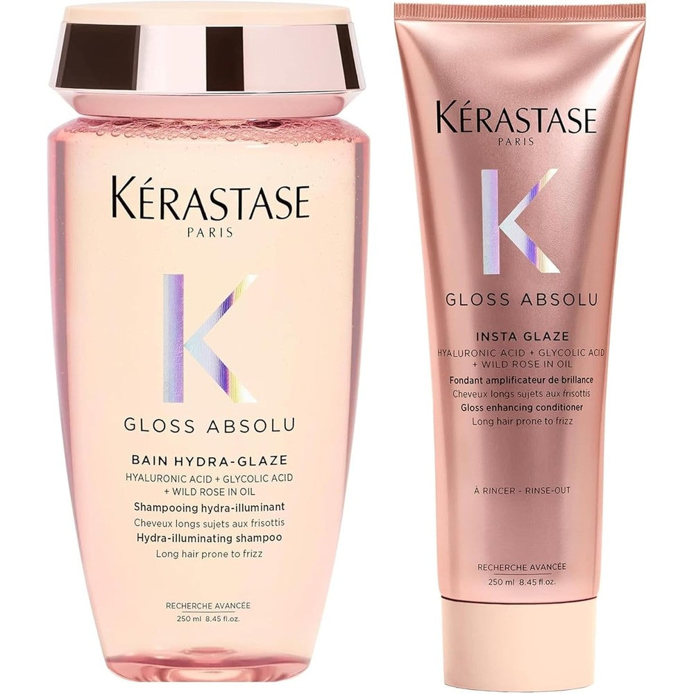 Kerastase Gloss Absolu High-Shine Anti-Frizz Shampoo And Conditioner Set For Long Frizzy Hair With Hyaluronic Acid And Glycolic Acid